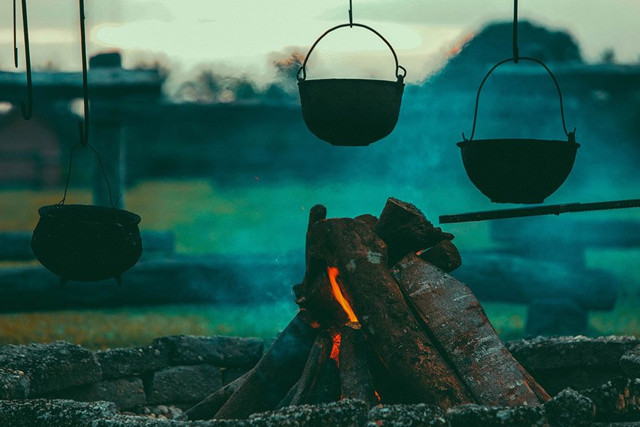 Cooking meal on campfire