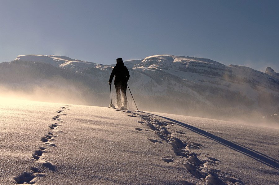 Person hiking in the snow