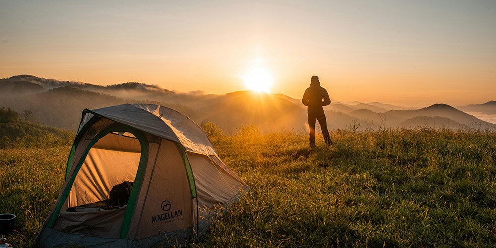 Camping solo at sunset