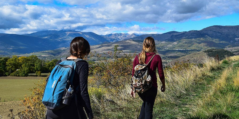 Female hikers with long hair