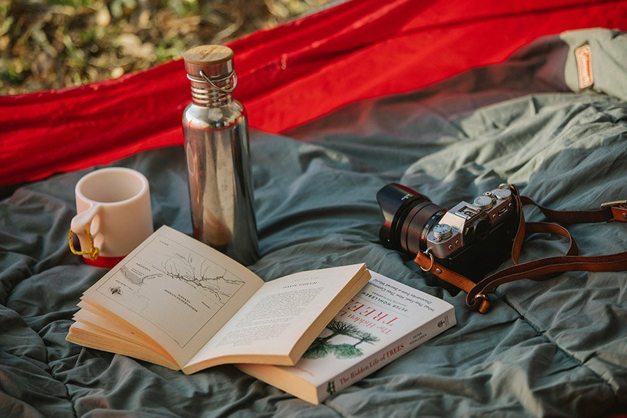 Camping items in a tent